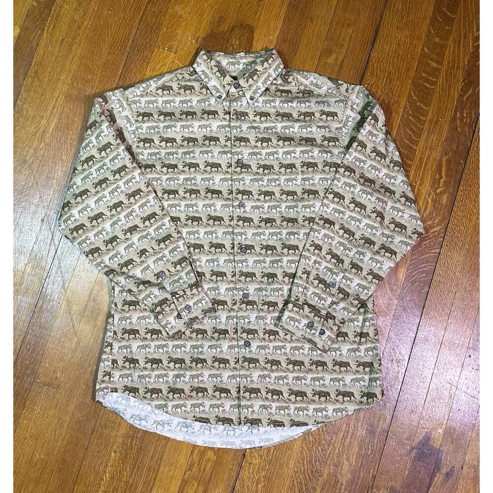 Woolrich Moss Moose Wildlife Print Shirt Mens Medium AOP Moose Print Outdoors